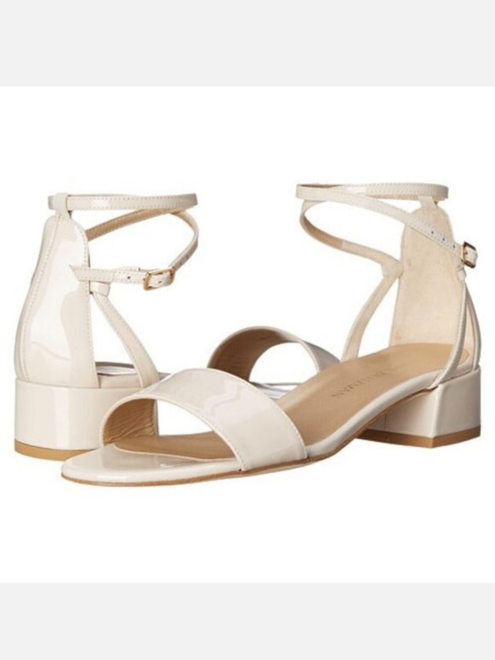 Stuart Weitzman Peewee Patent City Sandal Cream Spain 8 Ankle Strap Heel